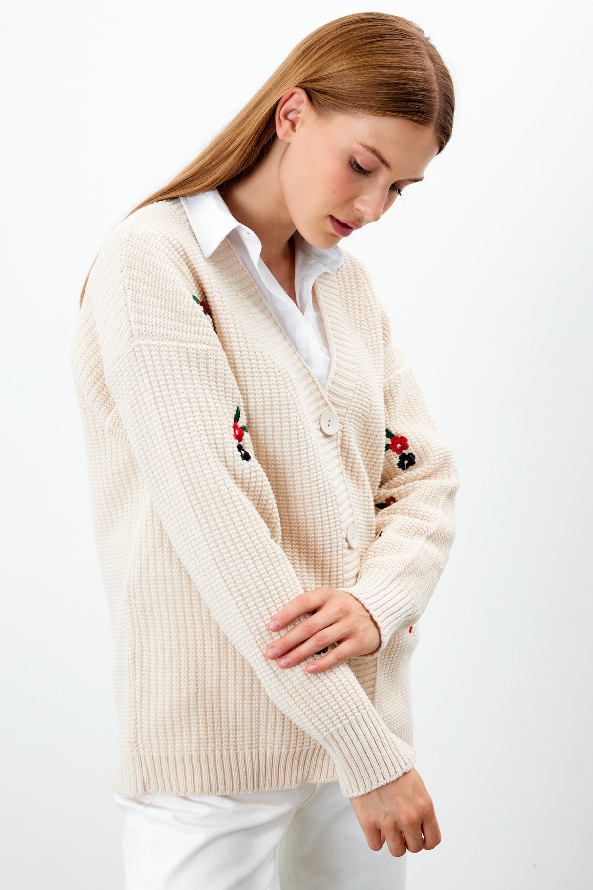 Middle Length Knit Cardigan Flower Embroidery Detailed - SKU: 3830