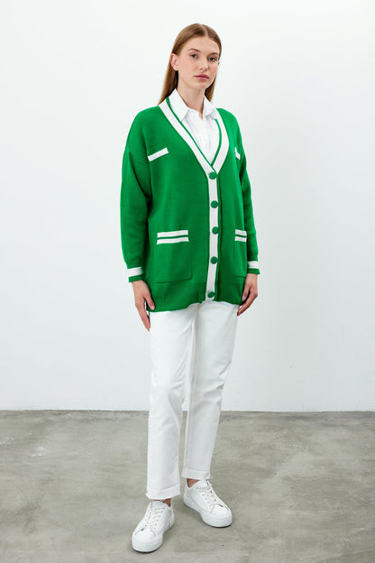 Knit Cardigan Mid/Long Length White Stripe Detailed - SKU: 1294