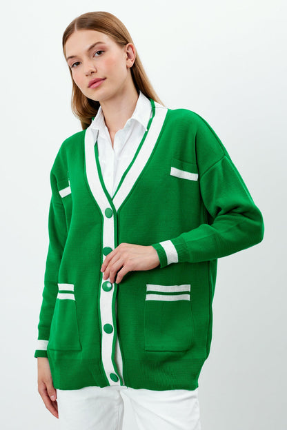 Knit Cardigan Mid/Long Length White Stripe Detailed - SKU: 1294
