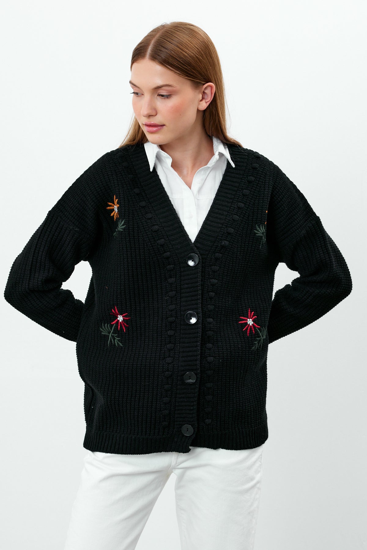 Flower Knitted Knit Cardigan Mid Length Knit Cardigan- SKU: 3810