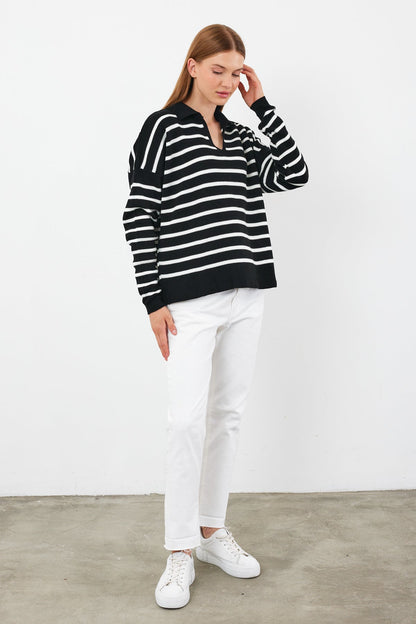 Knit Polo Neck Top V Neck Striped Knit Sweater - SKU: 1038