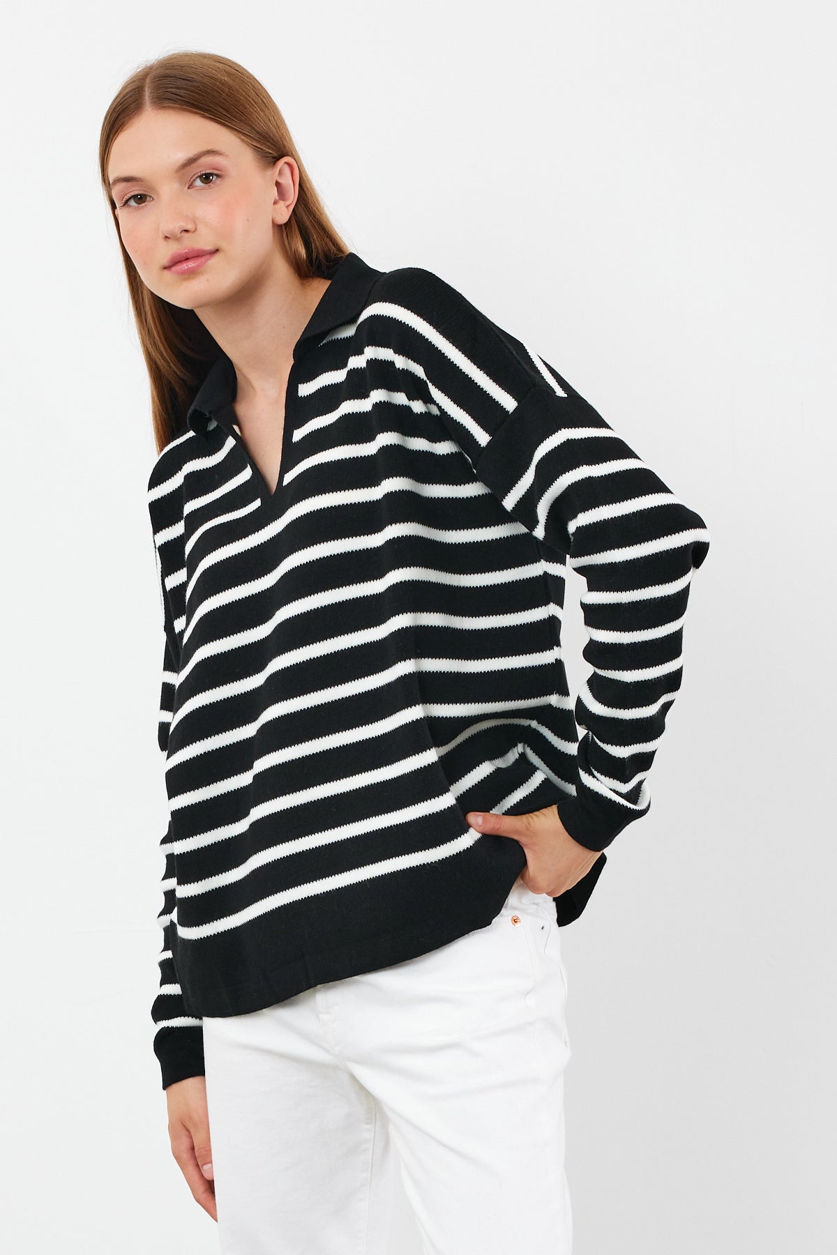 Knit Polo Neck Top V Neck Striped Knit Sweater - SKU: 1038