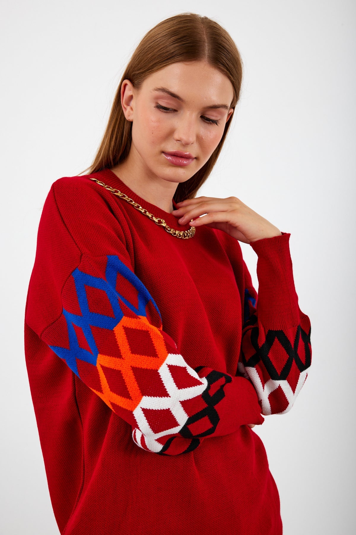 Knit Tunic Sweater Knit Mini Dress Arm Pattern Detailed- SKU: 3010
