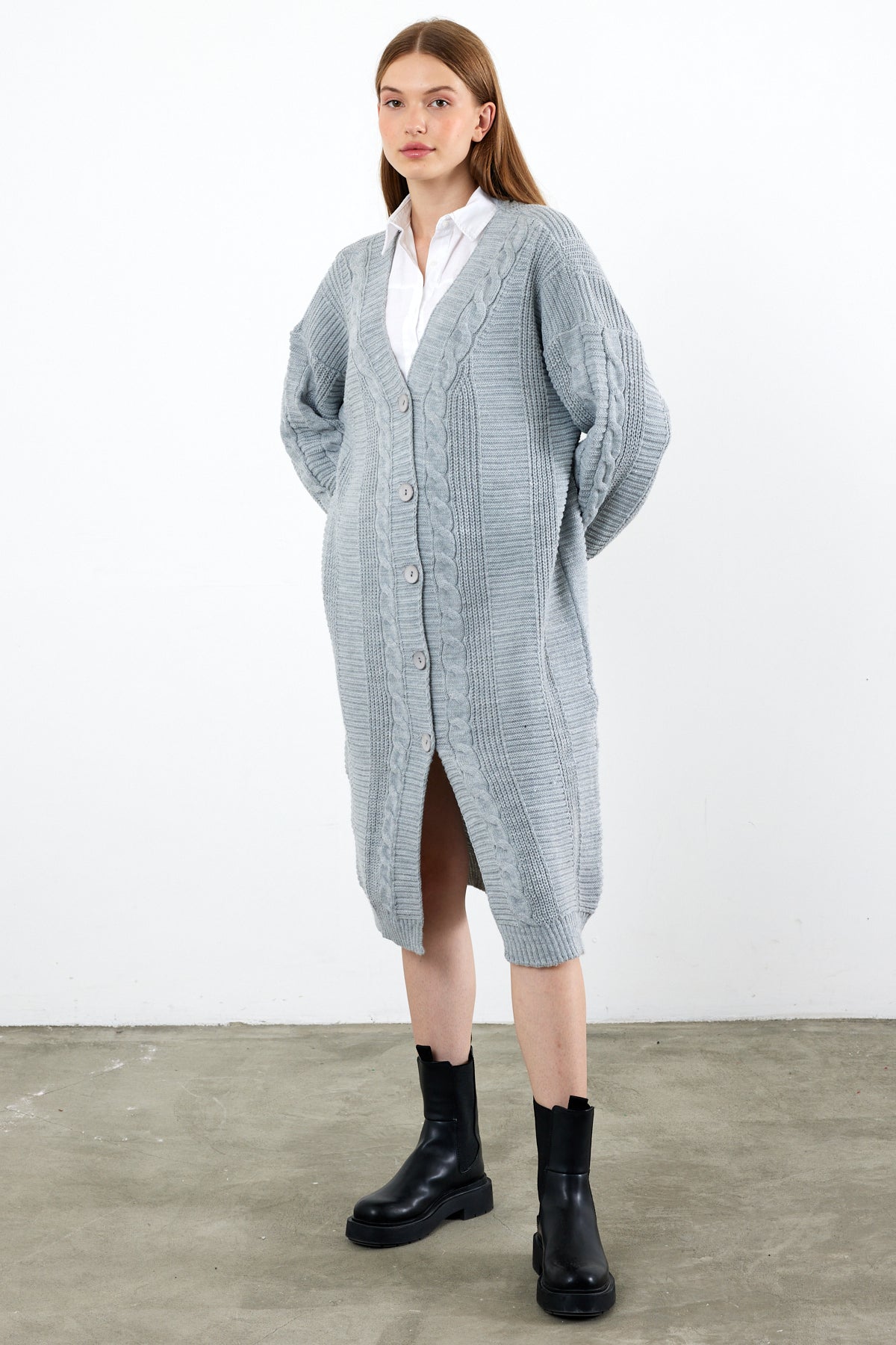 Long Length Knit Cardigan Knit Detailed Duster Solid Color - SKU: 3670