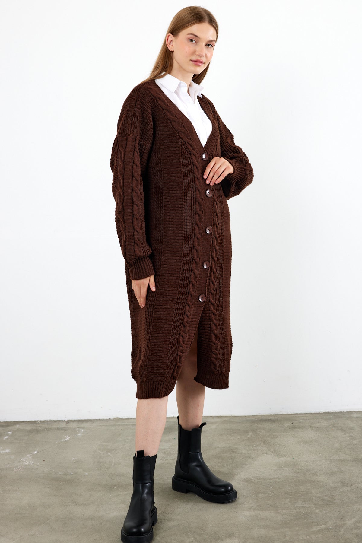 Long Length Knit Cardigan Knit Detailed Duster Solid Color - SKU: 3670
