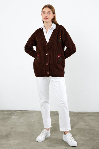 Flower Knitted Knit Cardigan Mid Length Knit Cardigan- SKU: 3810