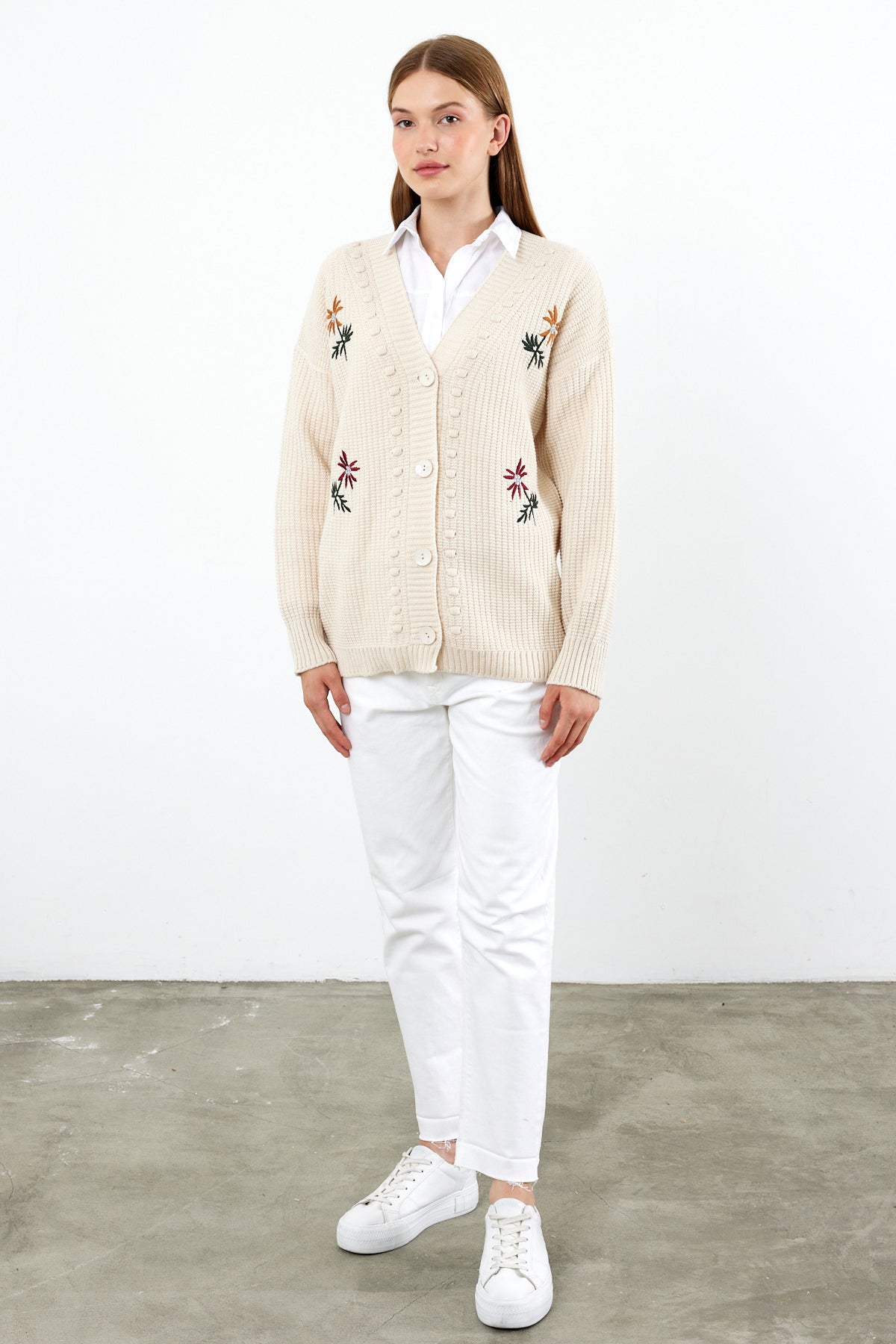 Flower Knitted Knit Cardigan Mid Length Knit Cardigan- SKU: 3810
