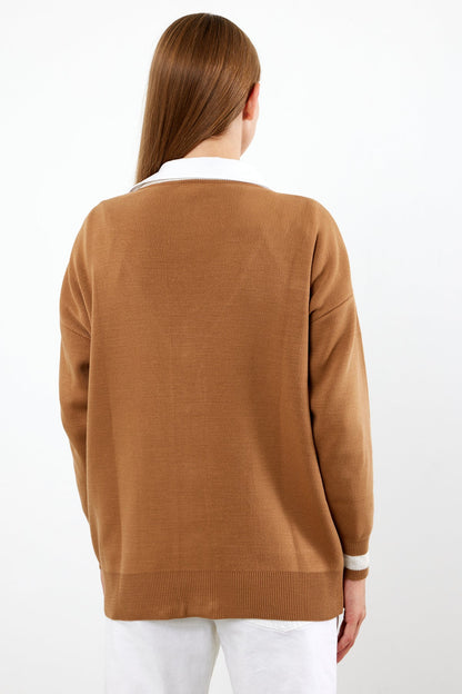 Knit Cardigan Mid/Long Length White Stripe Detailed - SKU: 1294