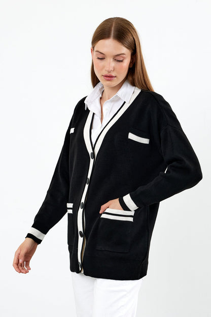 Knit Cardigan Mid/Long Length White Stripe Detailed - SKU: 1294
