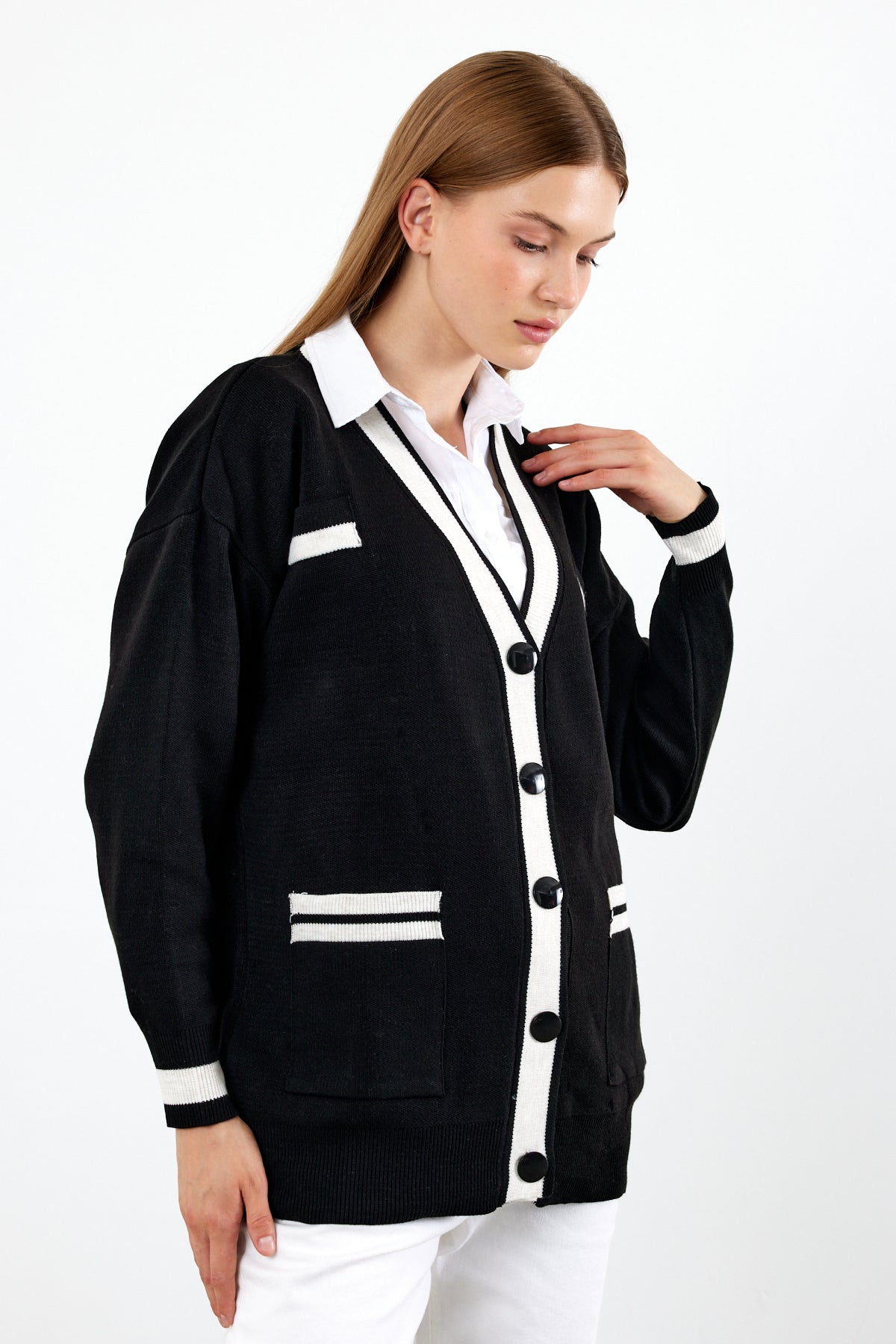 Knit Cardigan Mid/Long Length White Stripe Detailed - SKU: 1294
