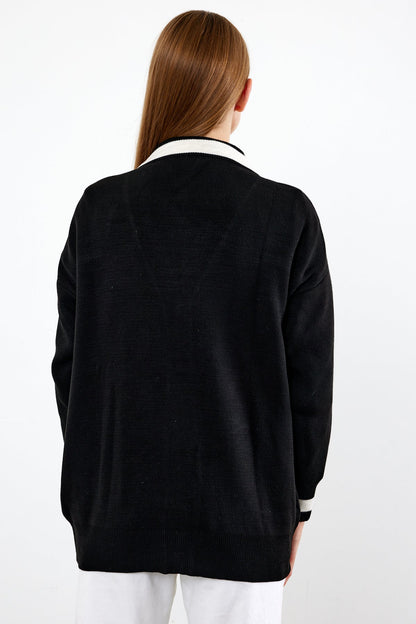 Knit Cardigan Mid/Long Length White Stripe Detailed - SKU: 1294