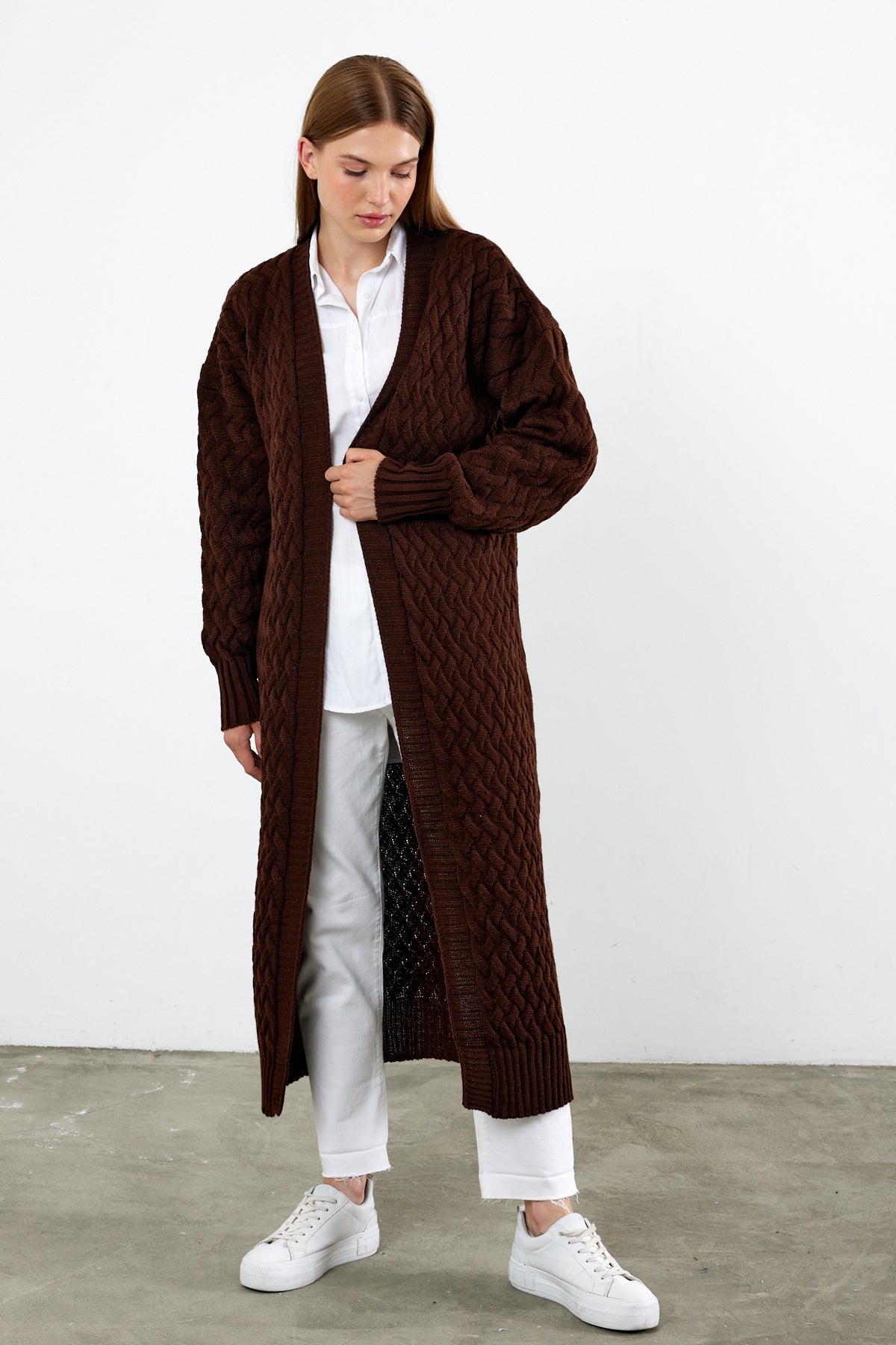Long Length Knit Cardigan Maxi Length Cover Up Knit Detailed Solid Color - SKU: 3860