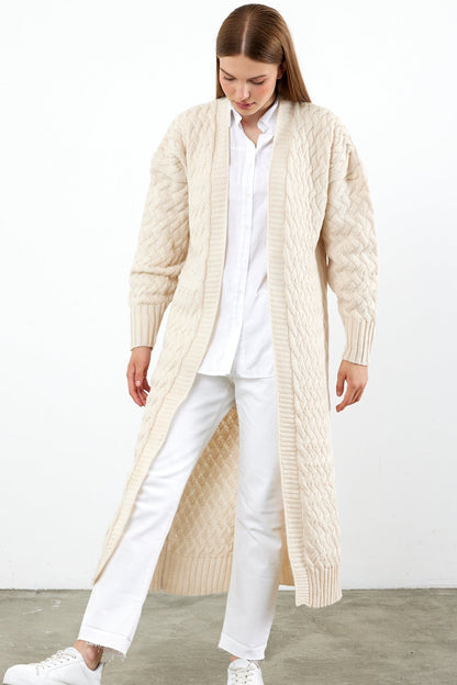Long Length Knit Cardigan Maxi Length Cover Up Knit Detailed Solid Color - SKU: 3860