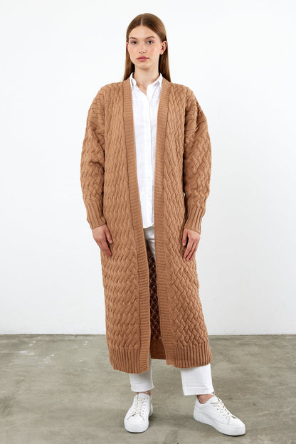 Long Length Knit Cardigan Maxi Length Cover Up Knit Detailed Solid Color - SKU: 3860