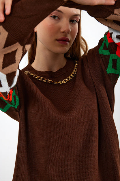 Knit Tunic Sweater Knit Mini Dress Arm Pattern Detailed- SKU: 3010