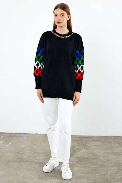 Knit Tunic Sweater Knit Mini Dress Arm Pattern Detailed- SKU: 3010