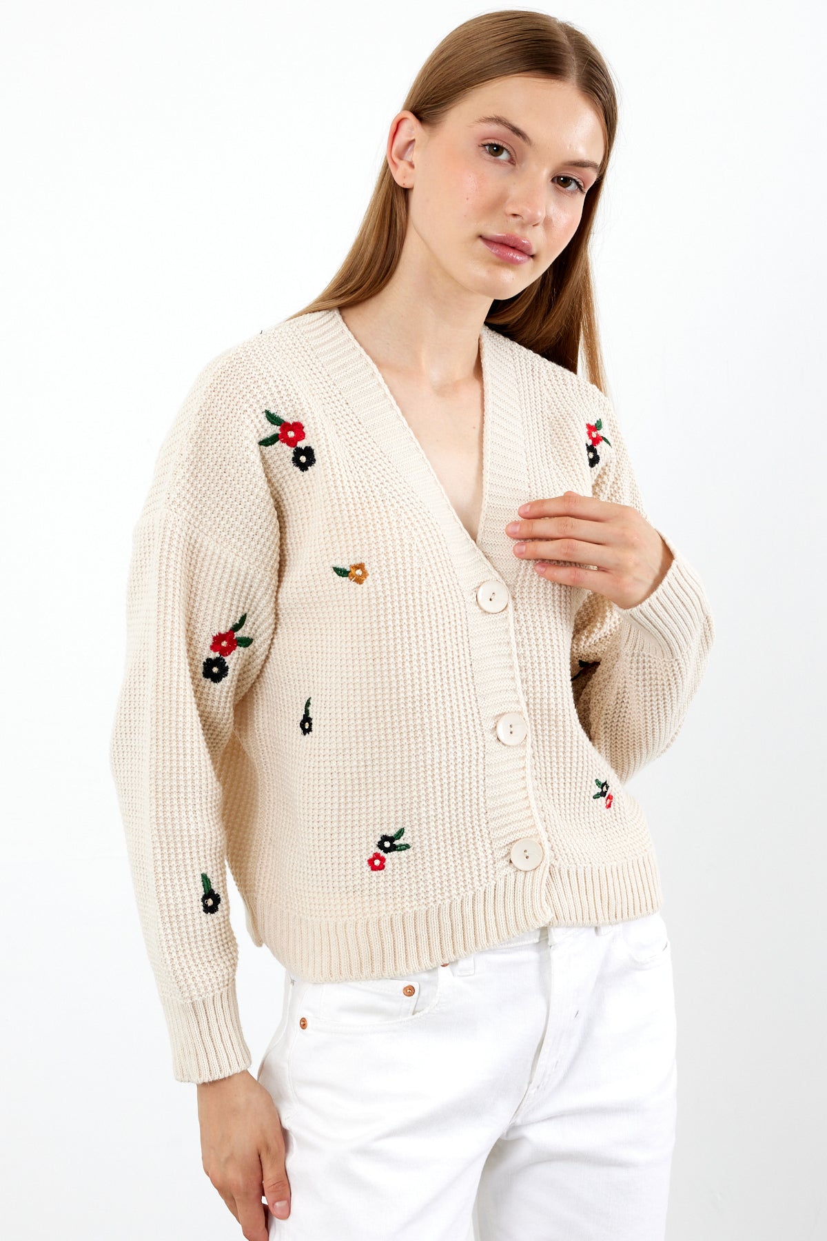 Short Knit Cardigan Flower Embroidery Detailed - SKU: 3840
