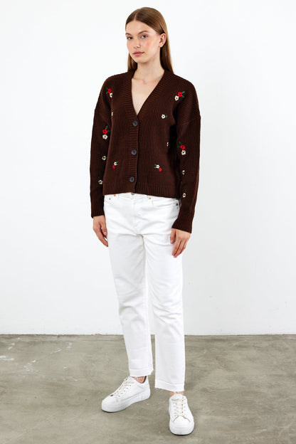 Short Knit Cardigan Flower Embroidery Detailed - SKU: 3840