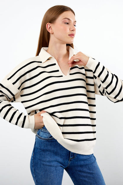 Knit Polo Neck Top V Neck Striped Knit Sweater - SKU: 1038