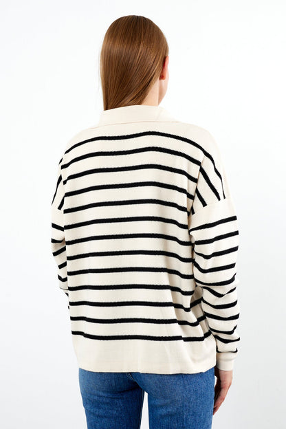 Knit Polo Neck Top V Neck Striped Knit Sweater - SKU: 1038