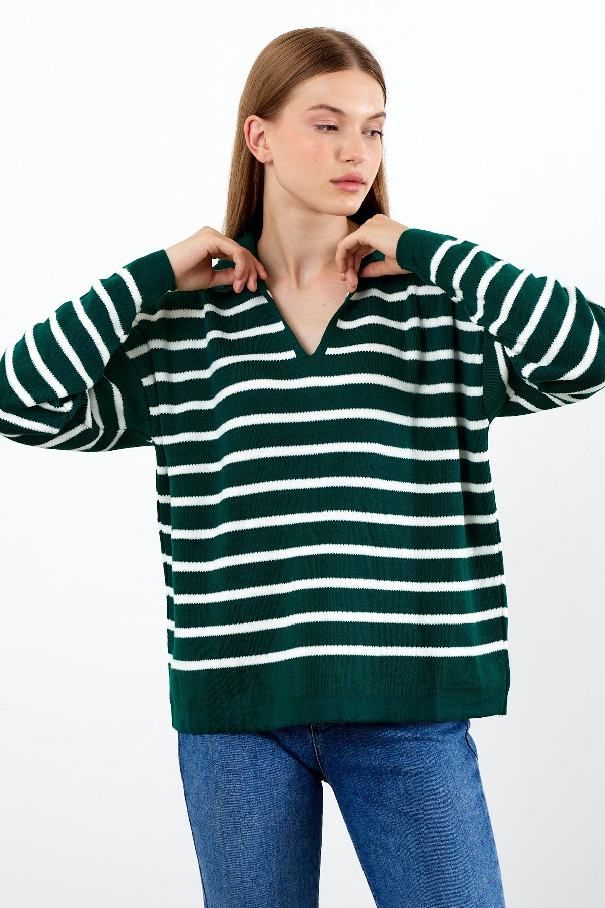 Knit Polo Neck Top V Neck Striped Knit Sweater - SKU: 1038