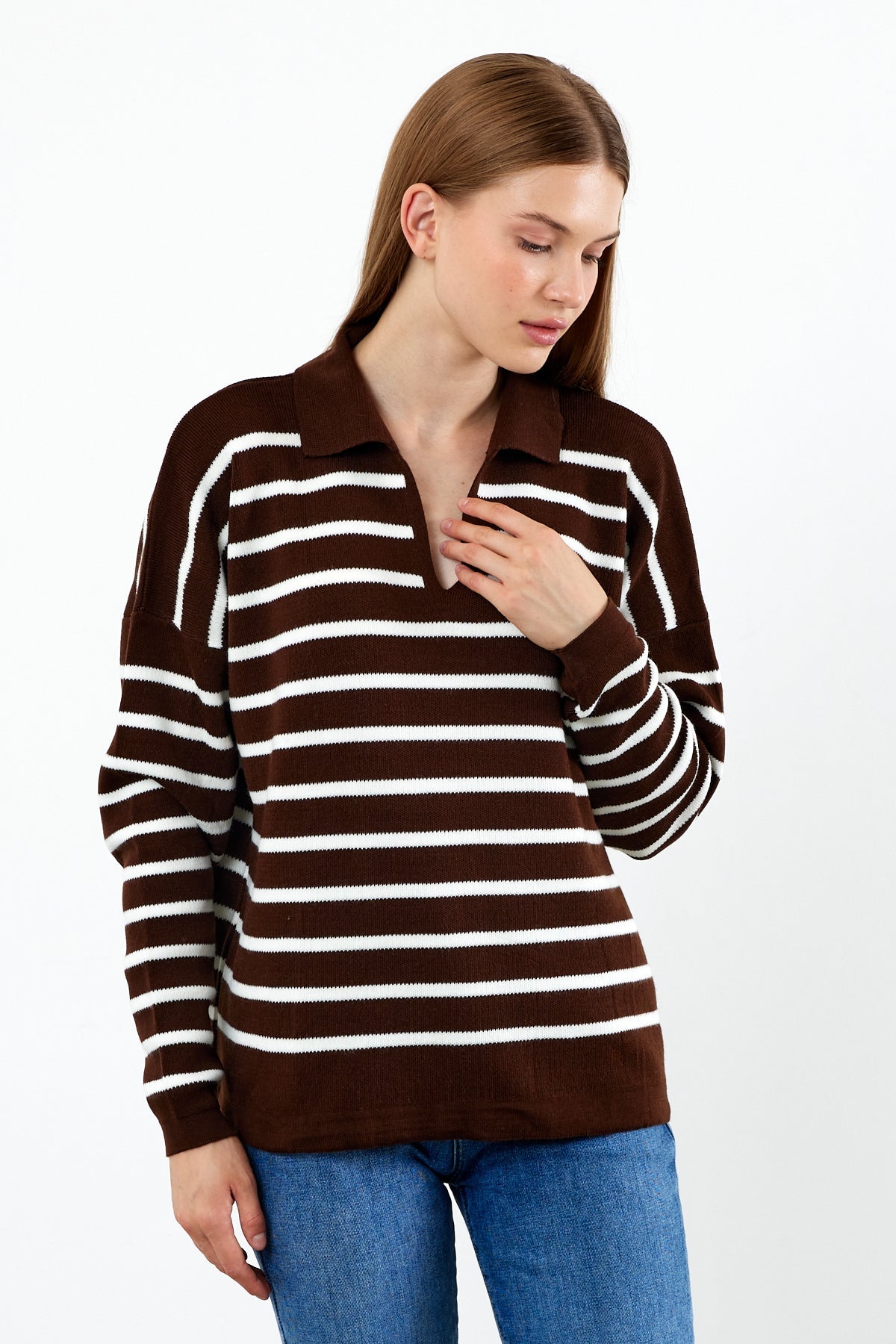 Knit Polo Neck Top V Neck Striped Knit Sweater - SKU: 1038